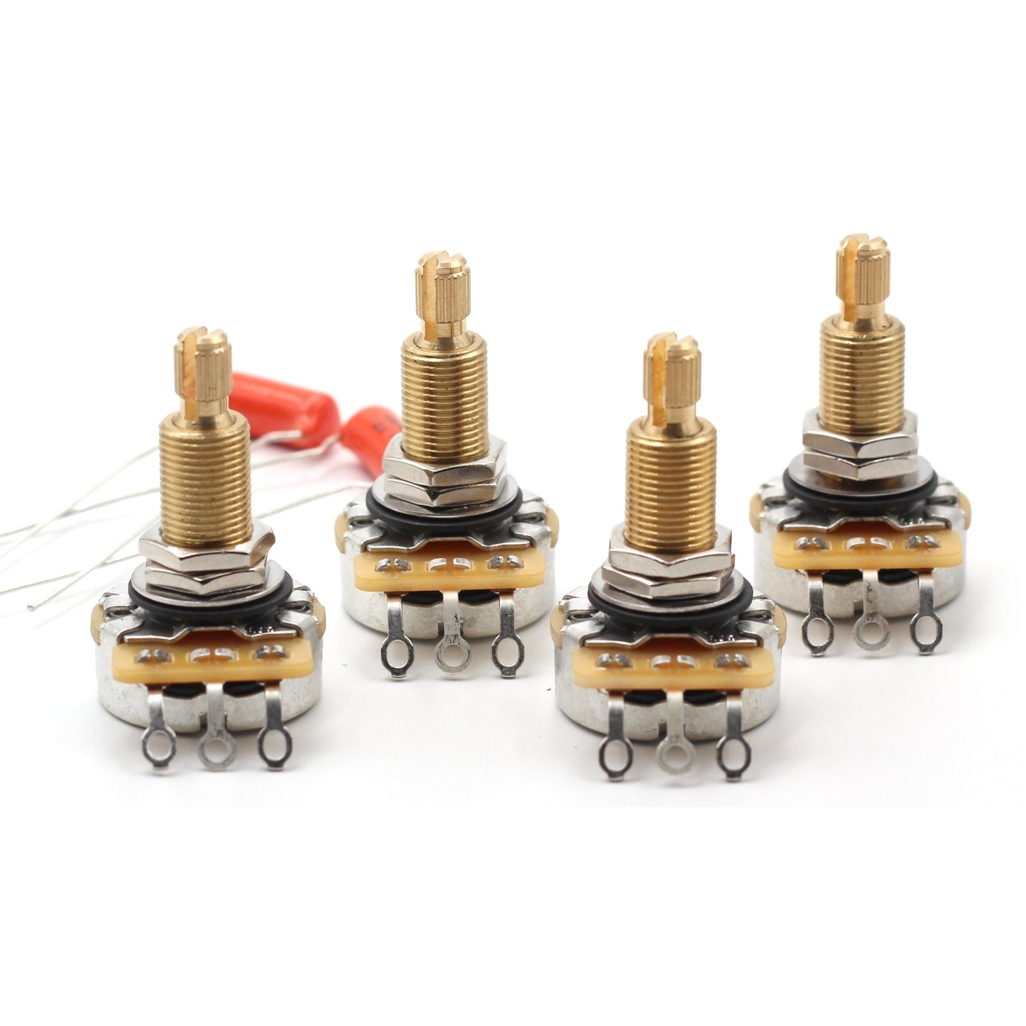 Set of 4 (4X) CTS TAOT Custom 525K XL Potentiometers - LONG SPLIT Knurled Shaft - Audio Taper - 10% Tolerance + Pair of .022 Orange Drop Caps - 500K