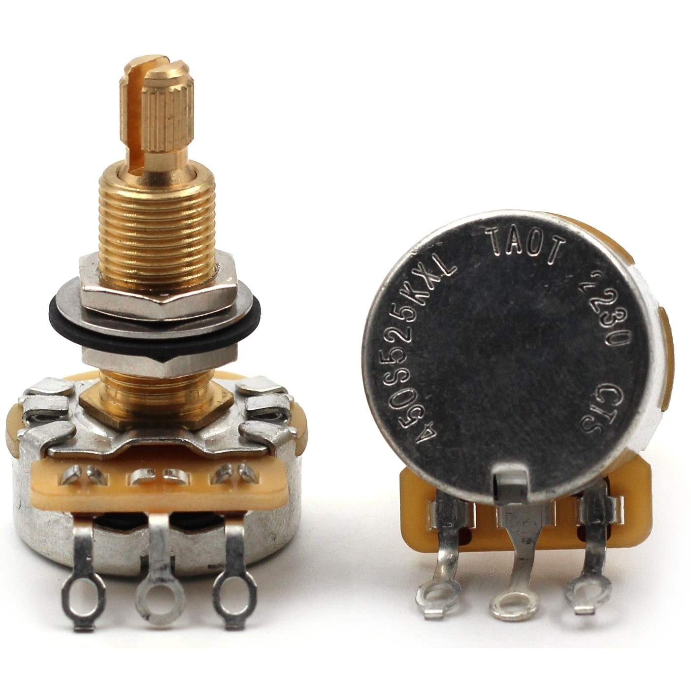 Set of 4 (4X) CTS TAOT Custom 525K XL Potentiometers - LONG SPLIT Knurled Shaft - Audio Taper - 10% Tolerance + Pair of .022 Orange Drop Caps - 500K