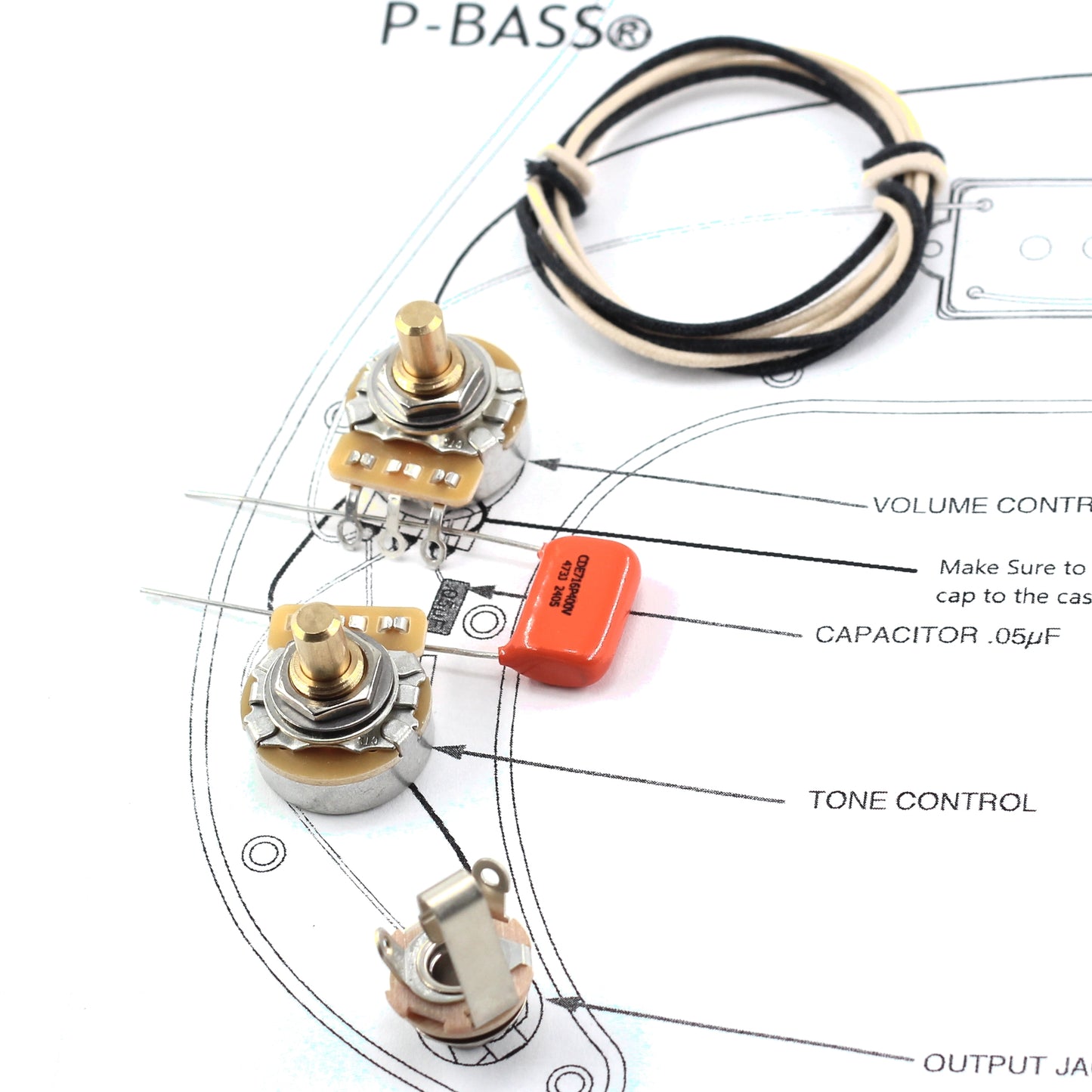 TAOT Precision Bass Wiring Kit - CTS 250kΩ 450G Solid, .047 OD Cap - P-Bass