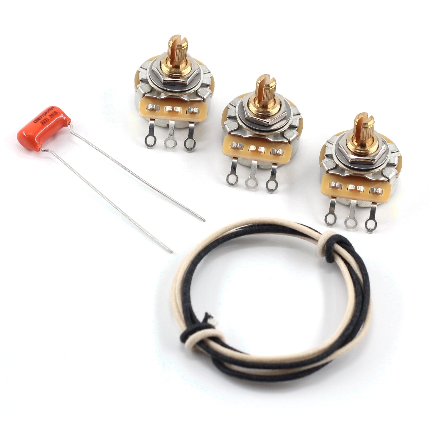 Set of 3 (3X) CTS TAOT Custom 250K Potentiometers - SHORT SPLIT Knurled Shaft - Audio Taper - 10% Tolerance + 1x .022 Orange Drop Cap + 2 feet/ea. of Black & White Gavitt Wire