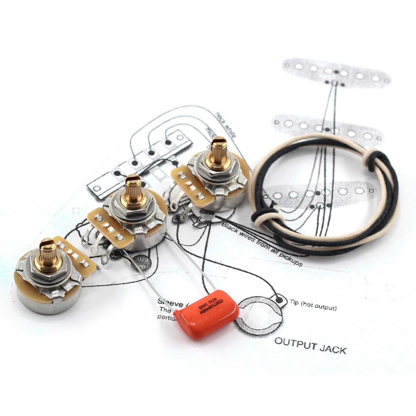Set of 3 (3X) CTS TAOT Custom 250K Potentiometers - SHORT SPLIT Knurled Shaft - Audio Taper - 10% Tolerance + 1x .047 Orange Drop Cap + 2 feet/ea. of Black & White Gavitt Wire
