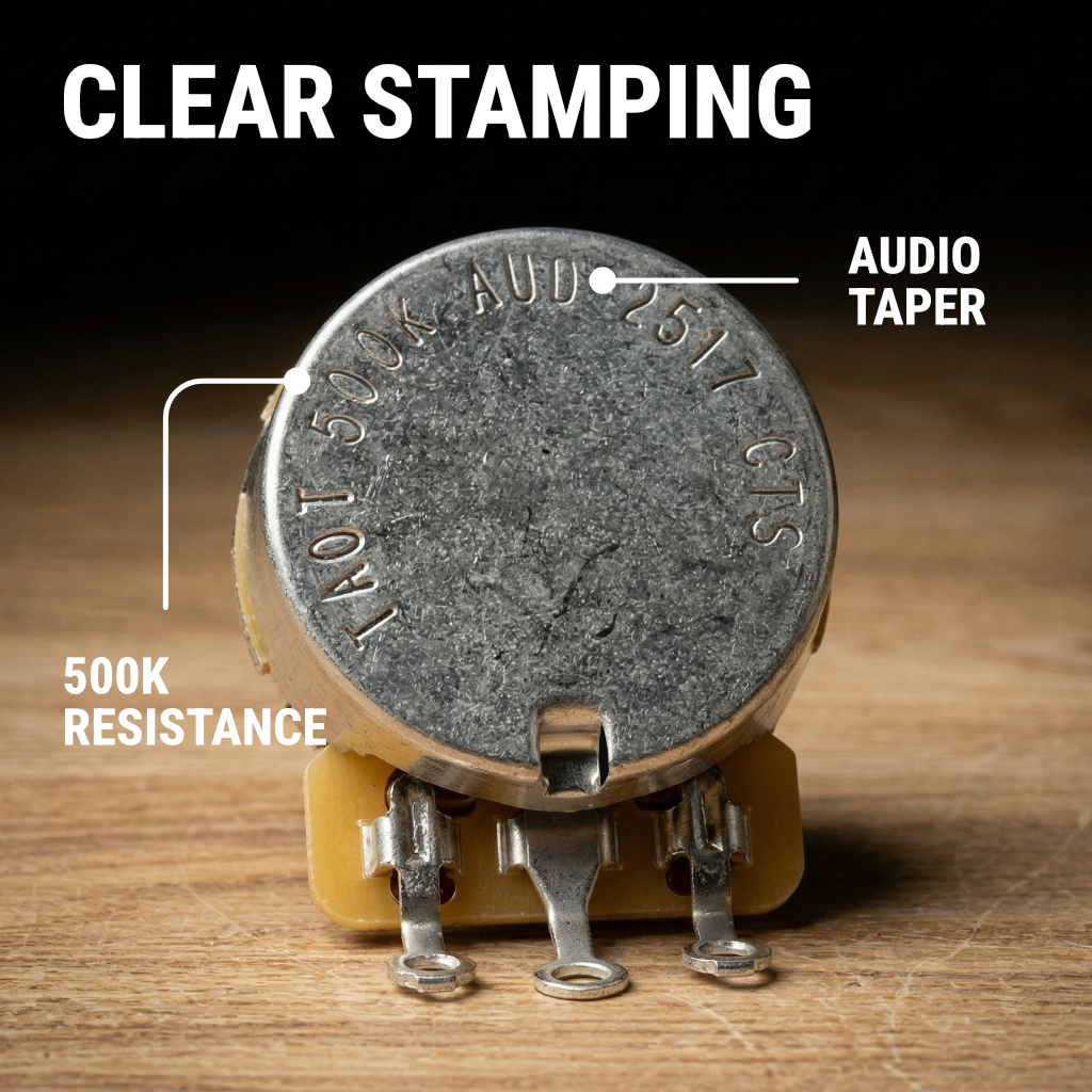 The Art of Tone CTS 500k Potentiometer for Guitar - Custom Short Split Shaft, Audio Taper, 10% Tolerance