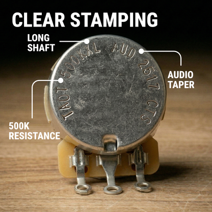 The Art of Tone CTS 500k Potentiometer for Guitar - Custom Long Split Shaft, Audio Taper, 10% Tolerance