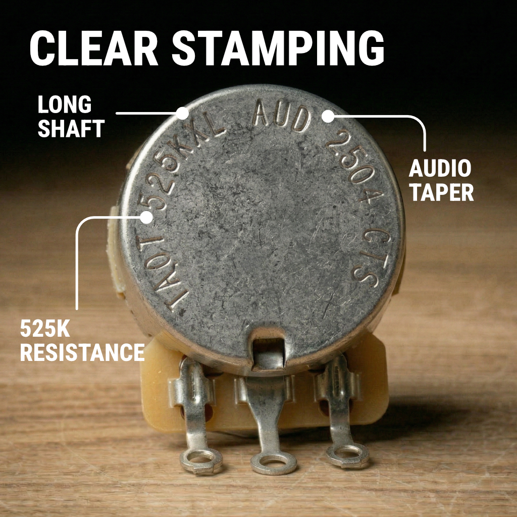 The Art of Tone 525k CTS Guitar Potentiometer - Custom Long Split Shaft, Audio Taper, 10% Tolerance