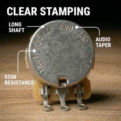 The Art of Tone 525k CTS Guitar Potentiometer - Custom Long Split Shaft, Audio Taper, 5% Tolerance (500k+ pots)