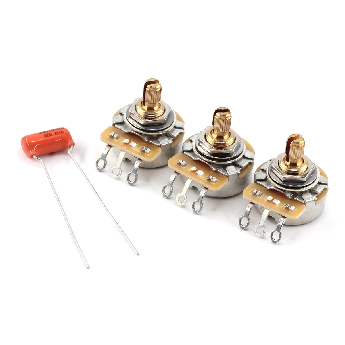 The Art of Tone Custom CTS 250k Potentiometers - Short Split Shaft (3x) w/ Orange Drop .022uF Guitar Capacitor for Fender® Strat®
