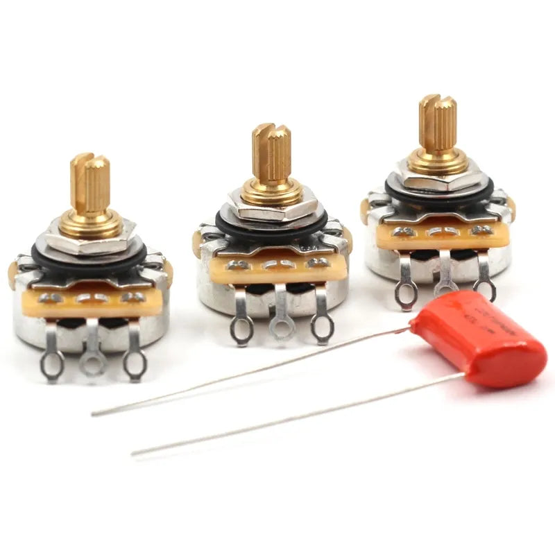 Set of 3 (3X) - CTS 450G Series 250K Potentiometers - Short SPLIT Shaft - Audio Taper - 10% Tolerance w/ .047uf Orange Drop Cap