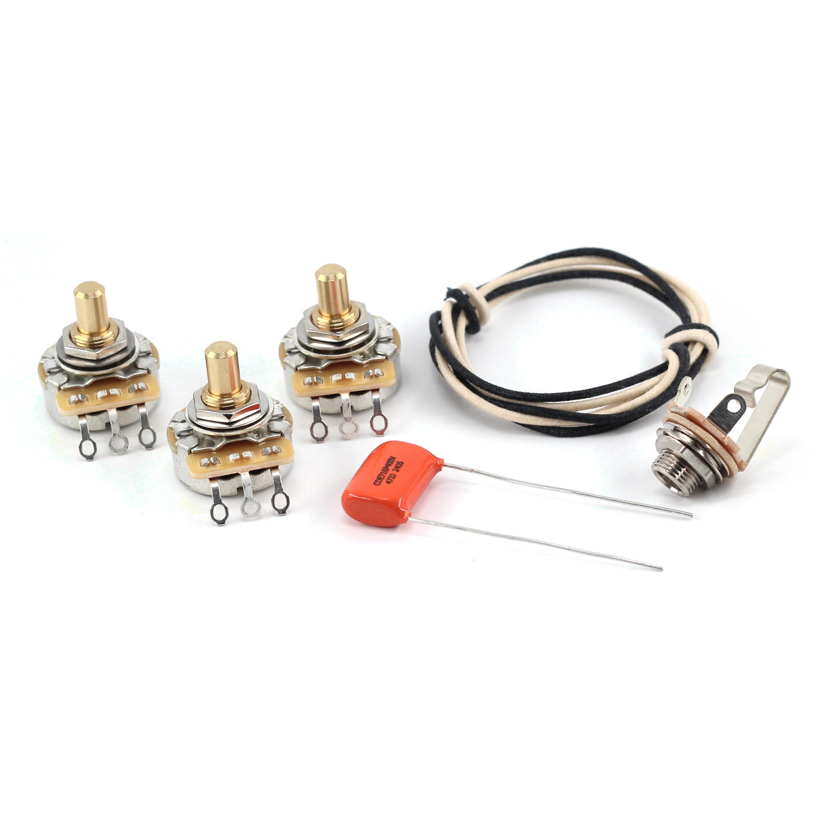 The Art of Tone Fender® Jazz Bass® Wiring Kit - Custom CTS 250k Solid Shaft Potentiometers and .047uF Orange Drop Guitar Capacitor