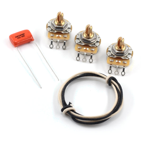 Set of 3 (3X) CTS TAOT Custom 250K Potentiometers - SHORT SPLIT Knurled Shaft - Audio Taper - 10% Tolerance + 1x .047 Orange Drop Cap + 2 feet/ea. of Black & White Gavitt Wire