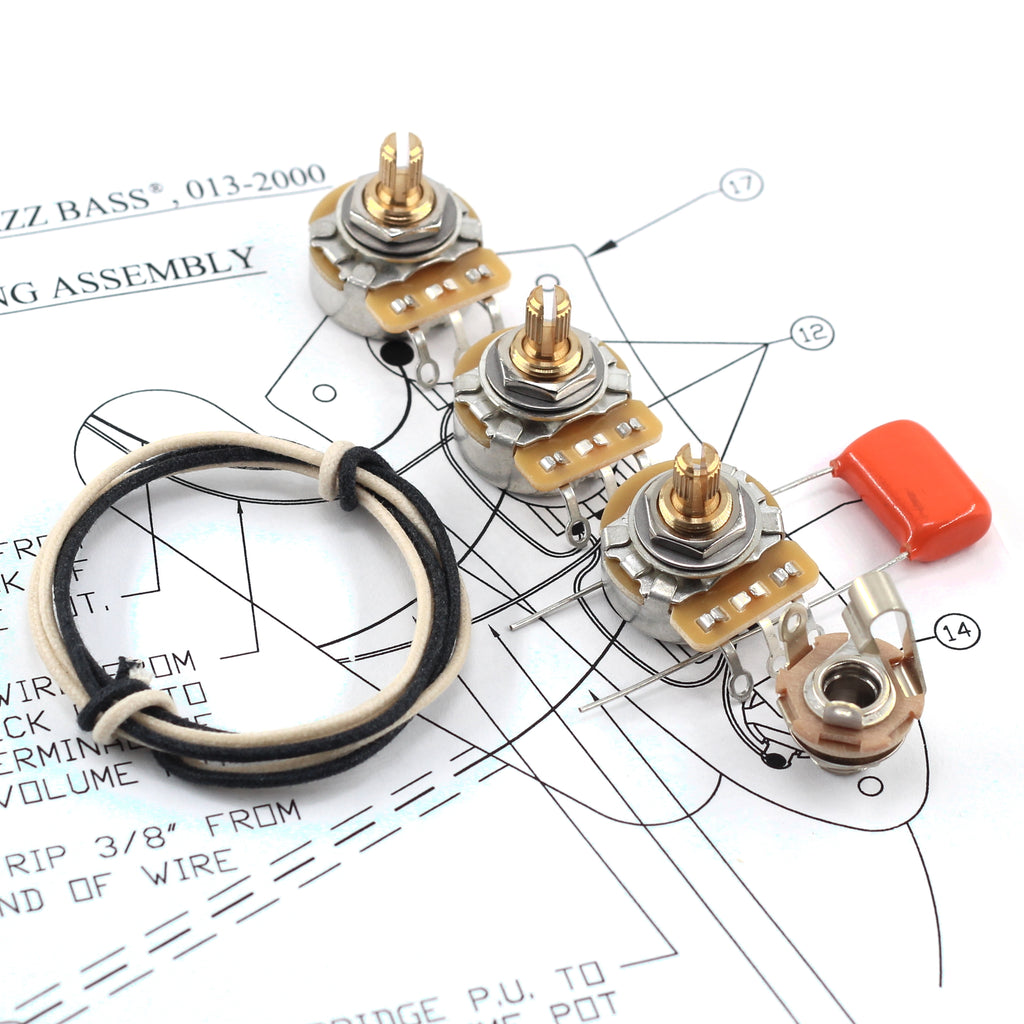 The Art of Tone Fender® Jazz Bass® Wiring Kit - Custom CTS 250k Split Shaft Pots and .047uf Orange Drop Capacitor