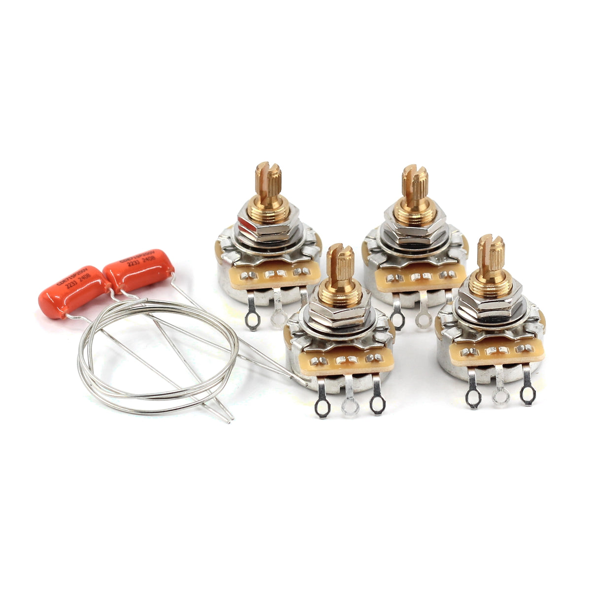 The Art of Tone Custom CTS 500k Potentiometers - Short Split Shaft, Audio Taper (4x) w/ 2x .022uf Orange Drop Capacitors  + 14" Buss Wire
