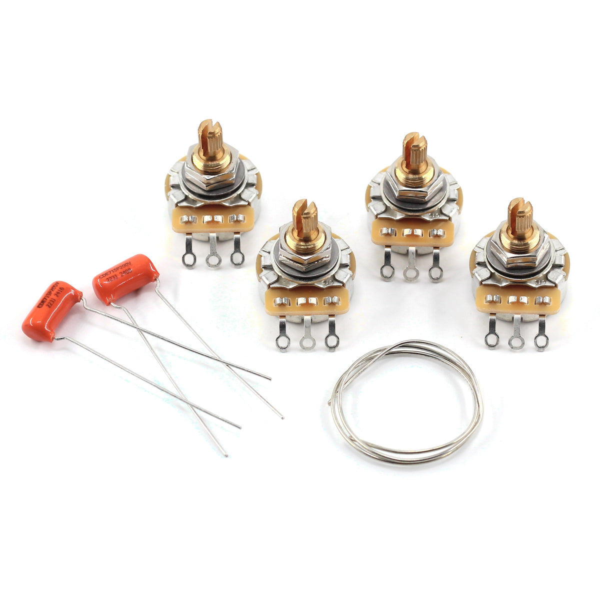 The Art Of Tone Custom CTS 525k Potentiometers - Short Split Shaft (4x) w/ .022uf Orange Drop Capacitors (2x) + 14" Buss Wire