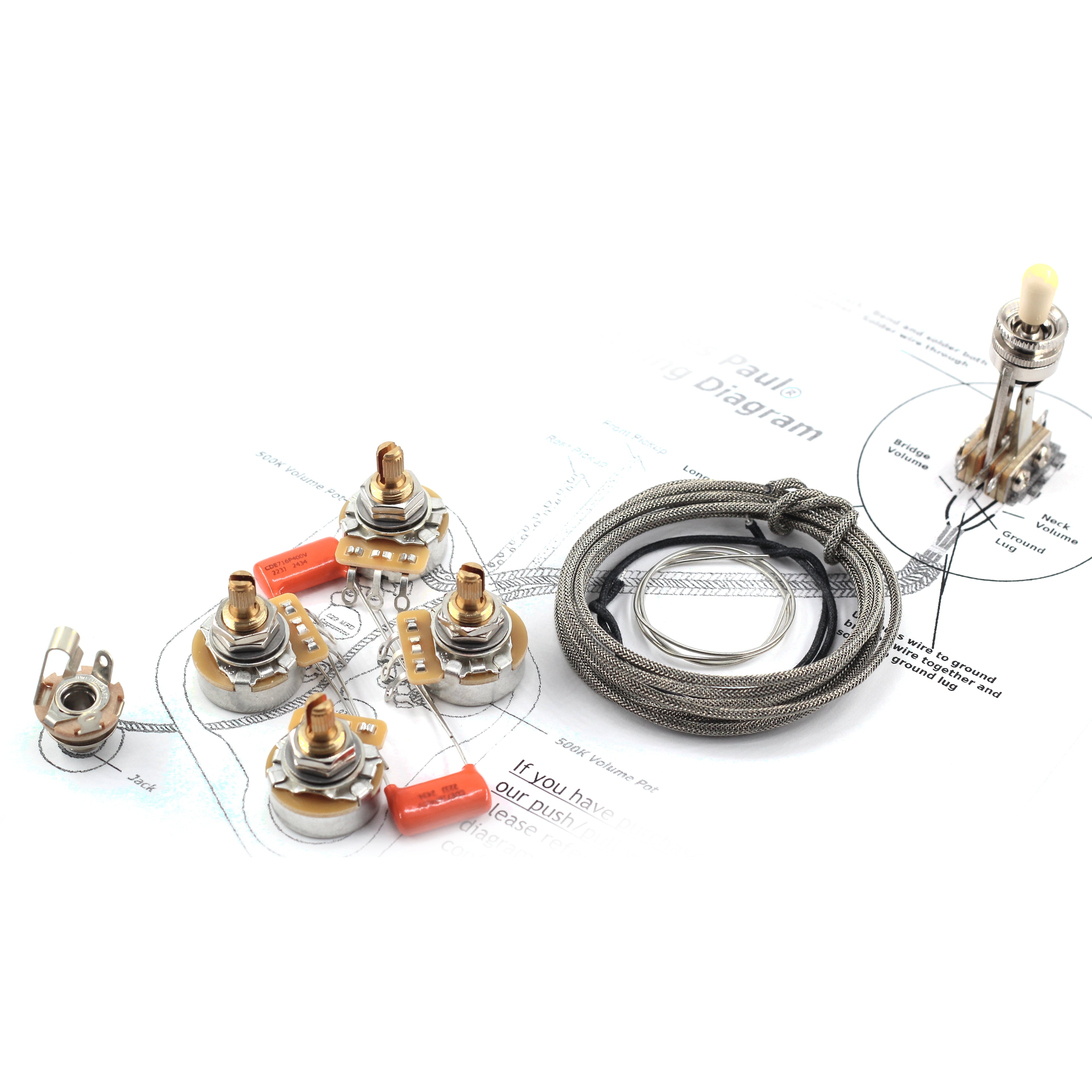 The Art of Tone Gibson® Les Paul® Wiring Kit - Custom CTS 525k Short Shaft Potentiometers and .022uF Orange Drop Guitar Capacitors