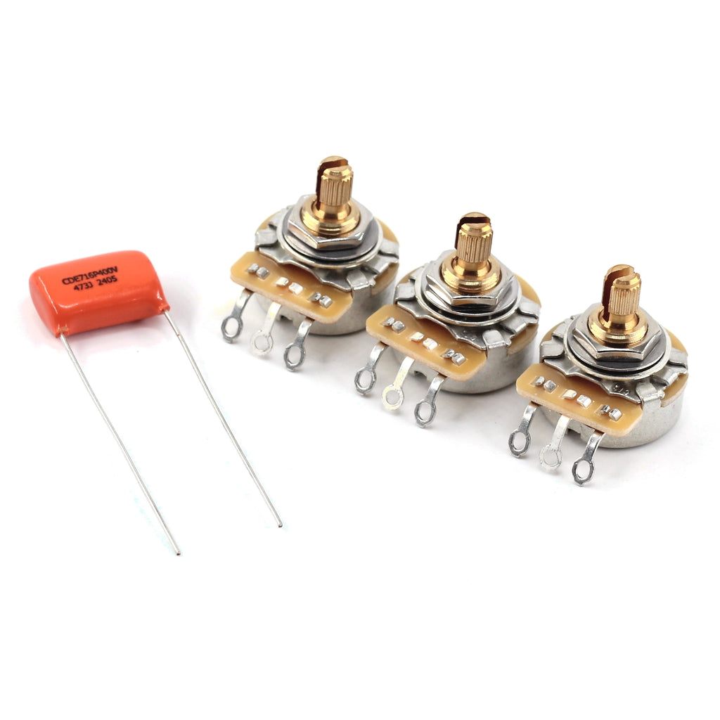 The Art of Tone Custom CTS 250k Potentiometers - Short Split Shaft (3x) w/ Orange Drop .047uF Guitar Capacitor for Fender® Strat®